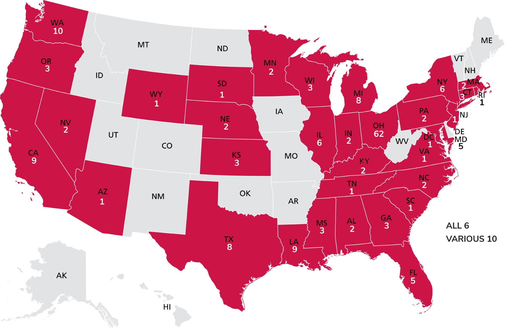 The United States map depicts states the Kirwan Institute has worked with communities for Opportunity Mapping: Alabama (2), Arizona (1), California (9), Connecticut (3), District of Columbia (1), Florida (5), Georgia (3), Illinois (6), Indiana (2), Kansas (3), Kentucky (2), Louisiana (9), Maryland (5), Massachusetts (2), Michigan (8), Minnesota (2), Missouri (3), Nebraska (2), Nevada (2), New Jersey (1), New York (6), North Carolina (1), Ohio (62), Oregon (3), Pennsylvania (2), Rhode Island (1), South Carolina (1), South Dakota (1), Tennessee (1), Texas (8), Virginia (1), Washington (10), Wisconsin (3), Wyoming (1)