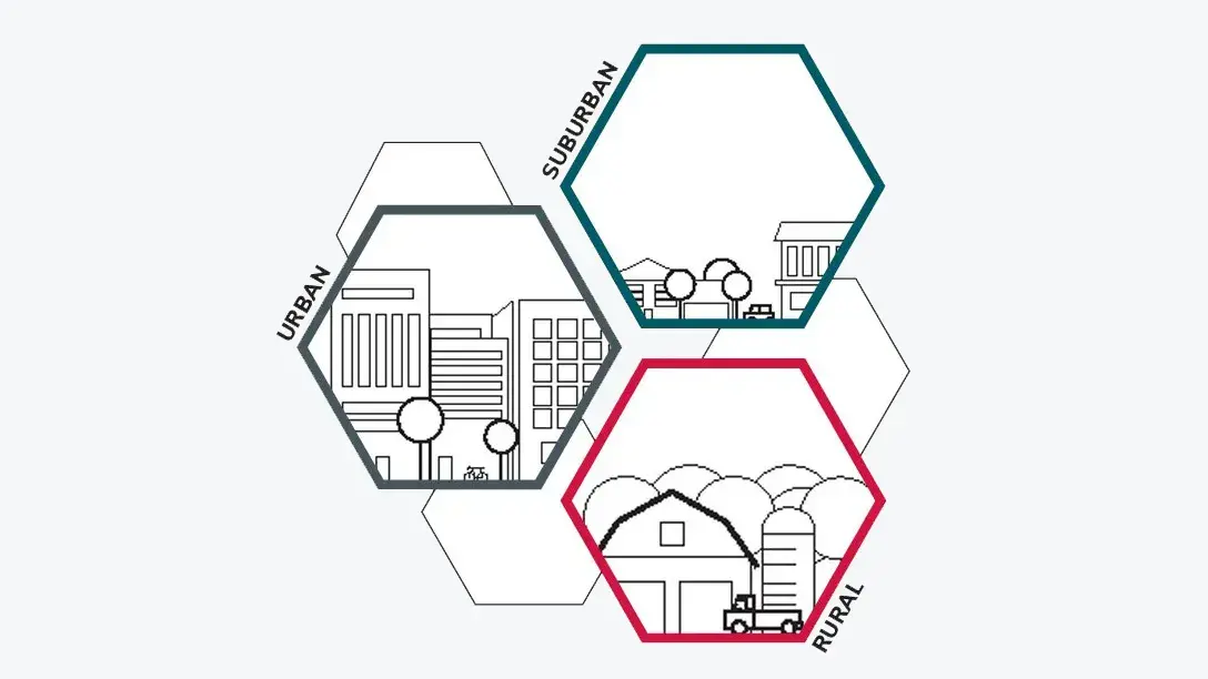 Illustration of urban, suburban and rural environments in hexagonal frames