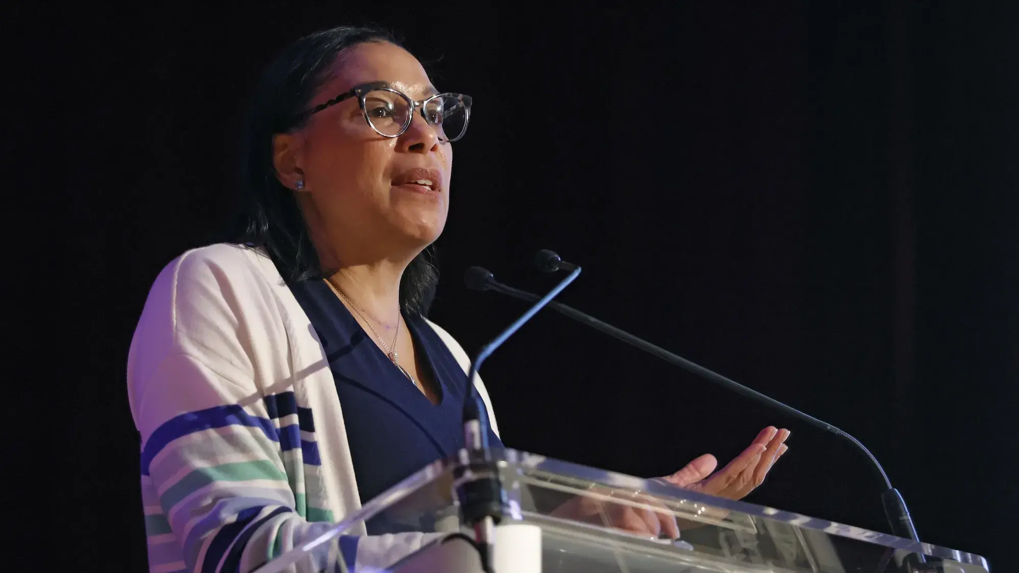 Kirwan Director, Ange-Marie Hancock, speaking at a podium