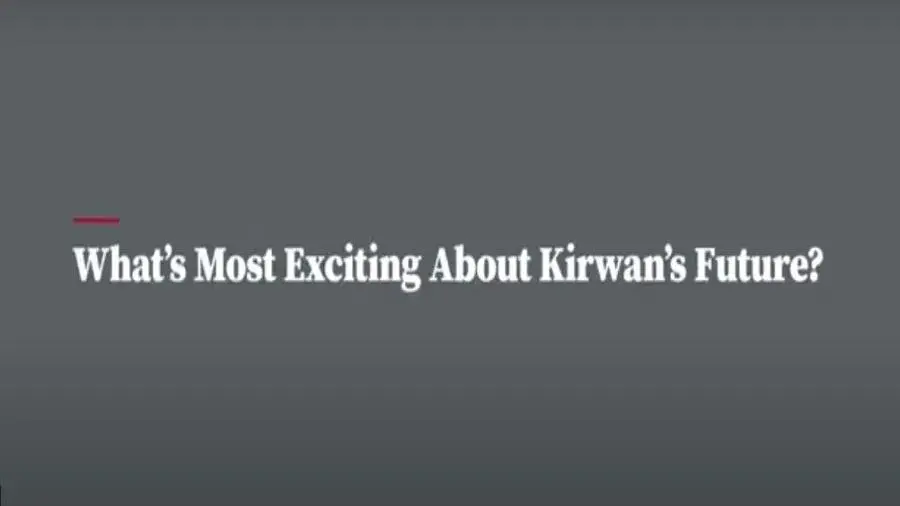 White text stating "What's most exciting about Kirwan's Future?" on a grey background